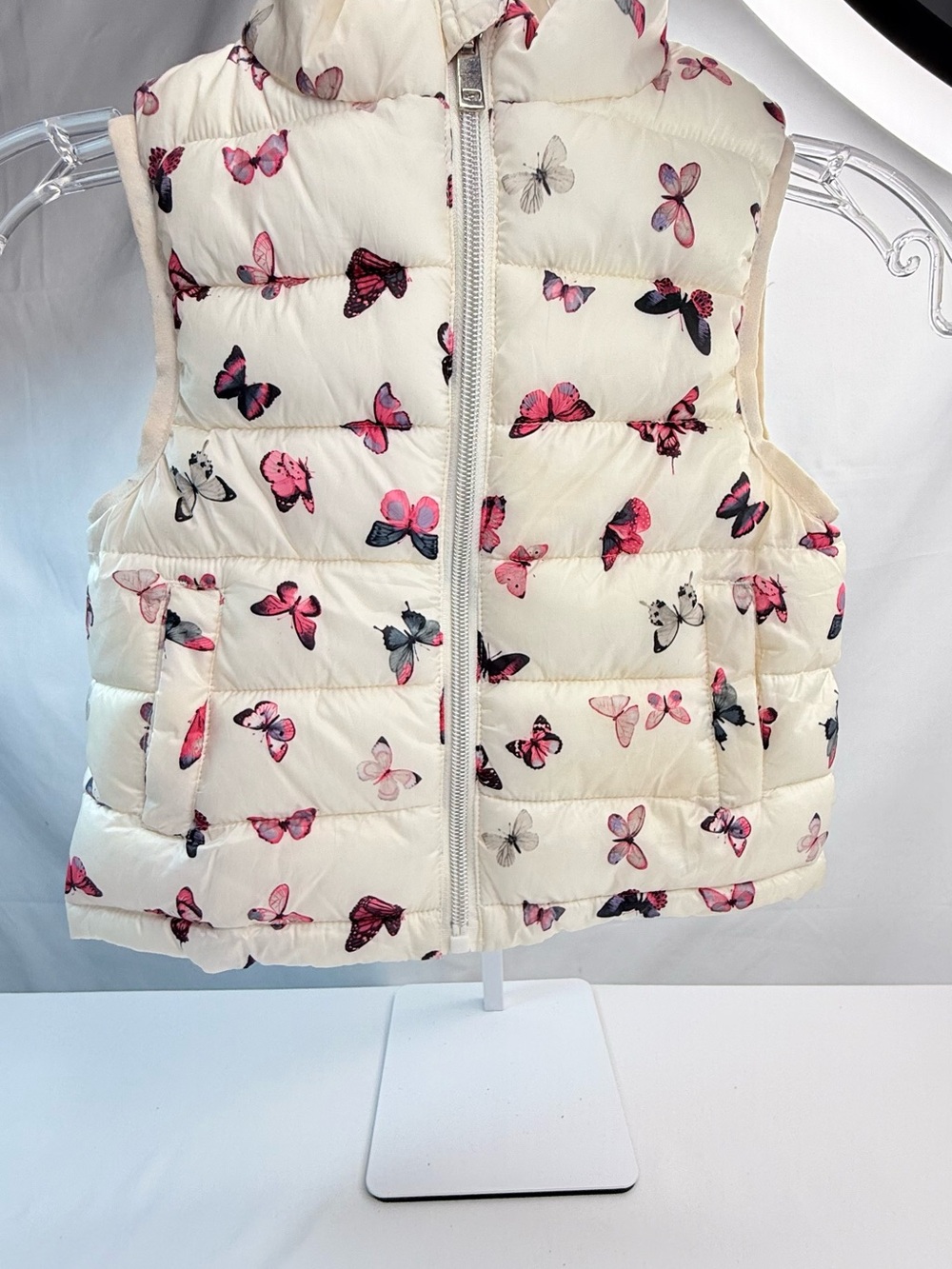 Primark Size 2-3 Years Cream Puffer Vest with Pink & Black Butterfly Print NWOT